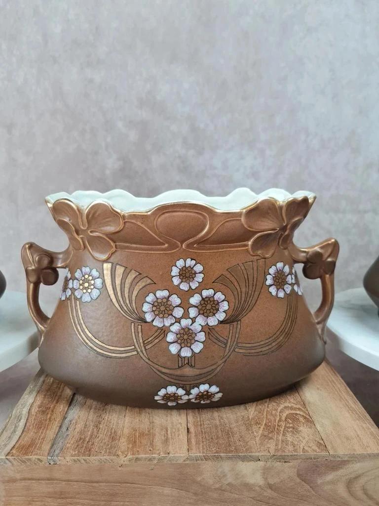 Trio de vases de cheminée Art Nouveau en céramique brune dorée et fleurs en relief 🌸