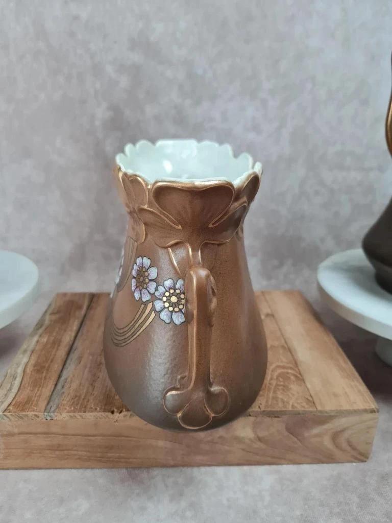 Trio de vases de cheminée Art Nouveau en céramique brune dorée et fleurs en relief 🌸