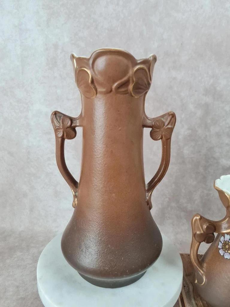 Trio de vases de cheminée Art Nouveau en céramique brune dorée et fleurs en relief 🌸