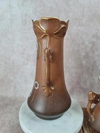 Trio de vases de cheminée Art Nouveau en céramique brune dorée et fleurs en relief 🌸