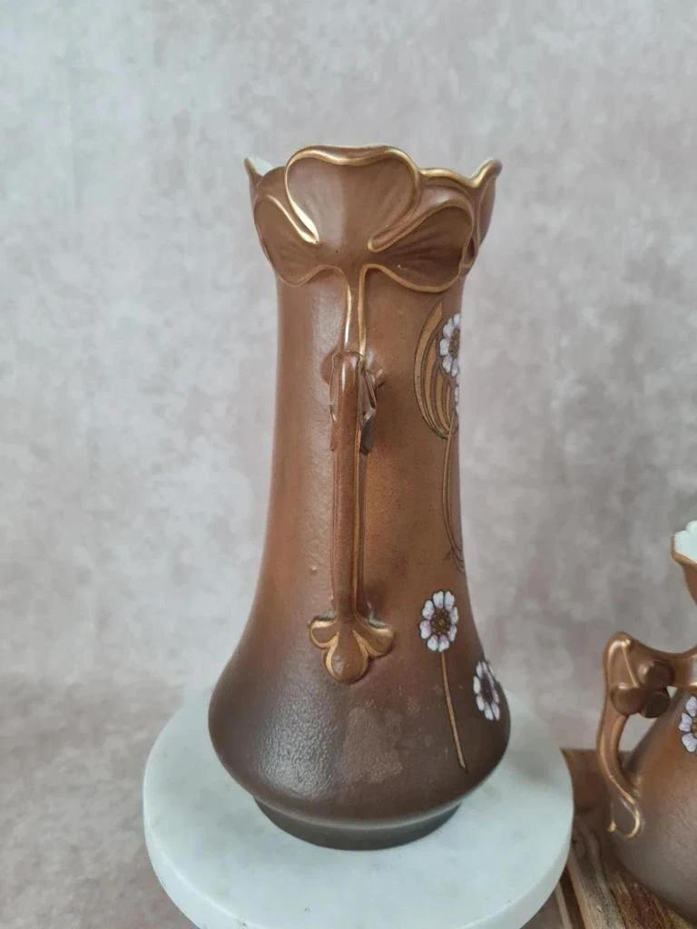 Trio de vases de cheminée Art Nouveau en céramique brune dorée et fleurs en relief 🌸