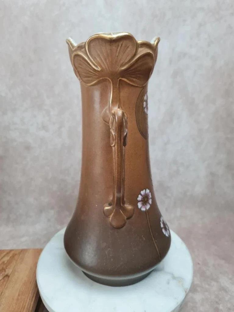 Trio de vases de cheminée Art Nouveau en céramique brune dorée et fleurs en relief 🌸
