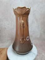 Trio de vases de cheminée Art Nouveau en céramique brune dorée et fleurs en relief 🌸