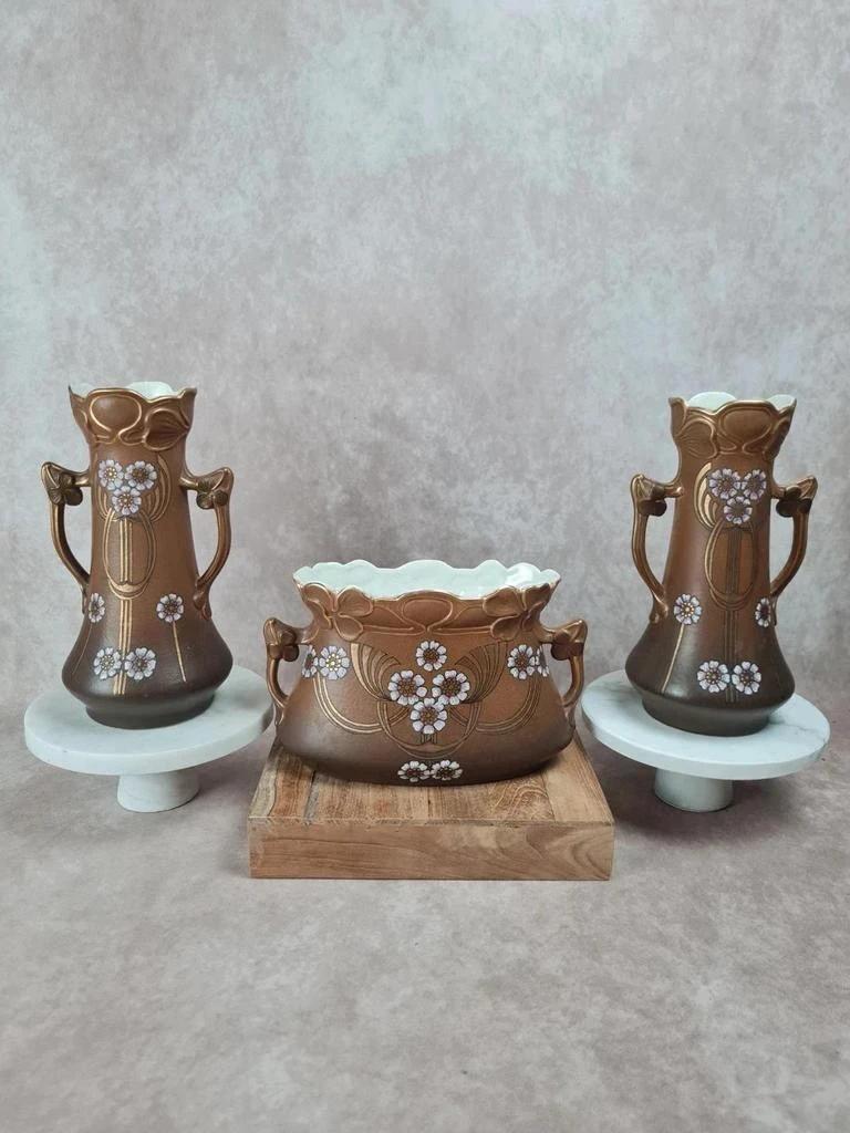 Trio de vases de cheminée Art Nouveau en céramique brune dorée et fleurs en relief 🌸