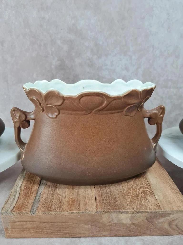 Trio de vases de cheminée Art Nouveau en céramique brune dorée et fleurs en relief 🌸