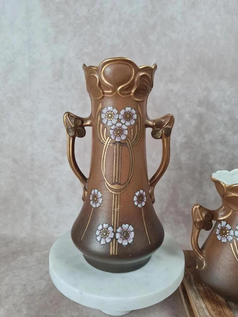 Trio de vases de cheminée Art Nouveau en céramique brune dorée et fleurs en relief 🌸