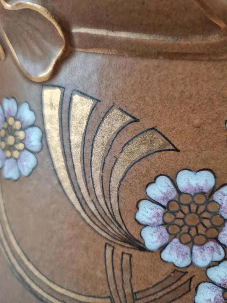 Trio de vases de cheminée Art Nouveau en céramique brune dorée et fleurs en relief 🌸