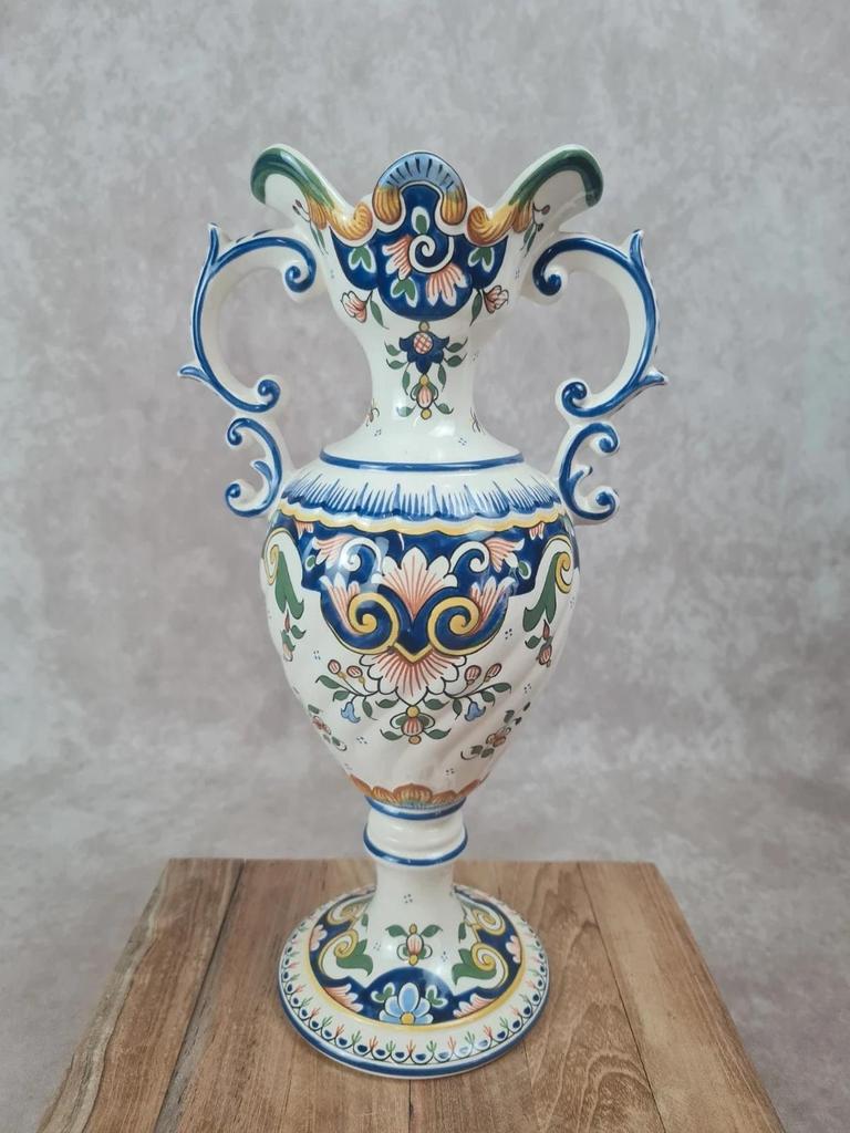 Vase faïence Desvres signé Maryse Rigaut 🎨 décor Rouen peint main