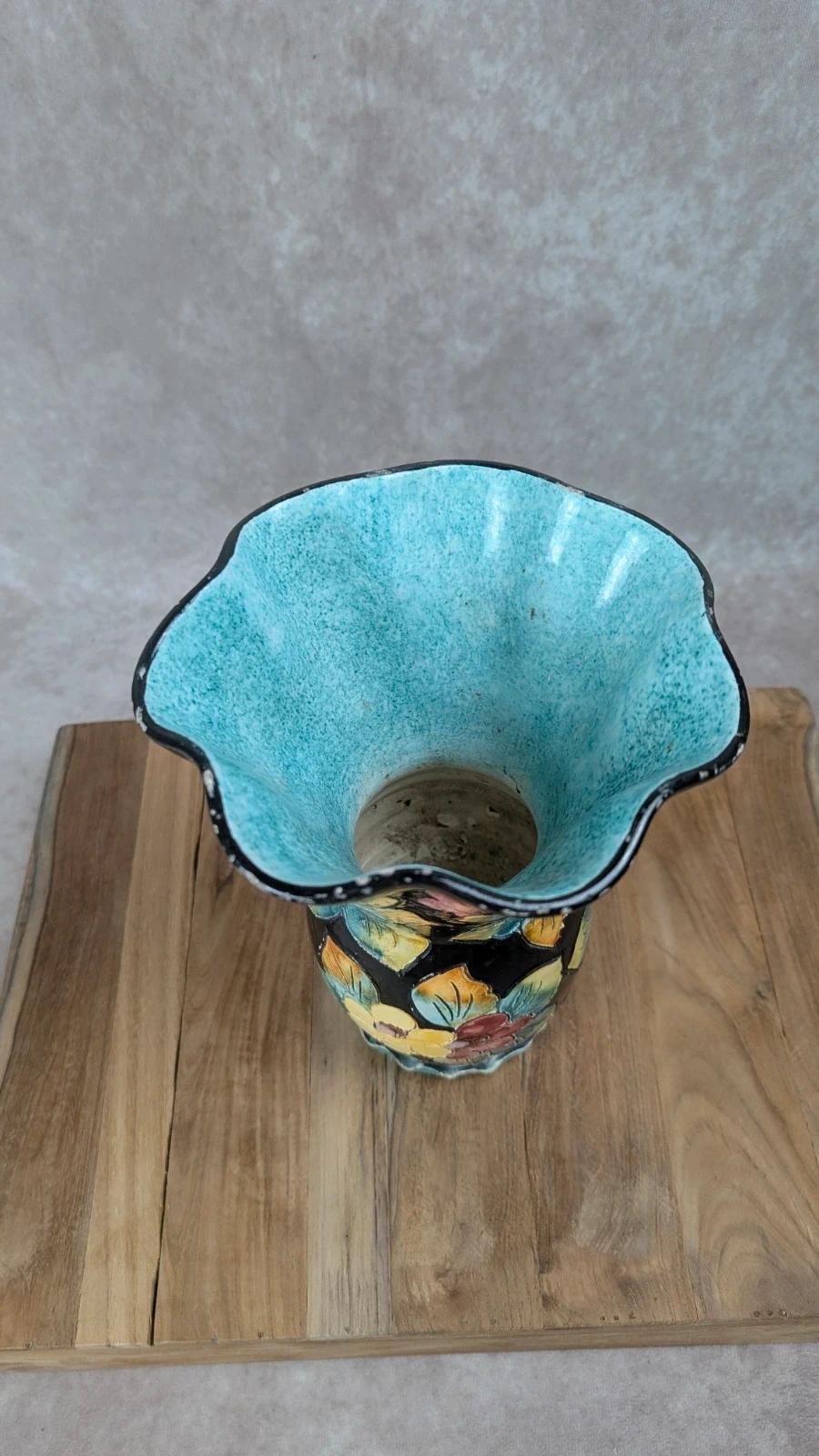 Vase Vallauris signé Gj – décor floral