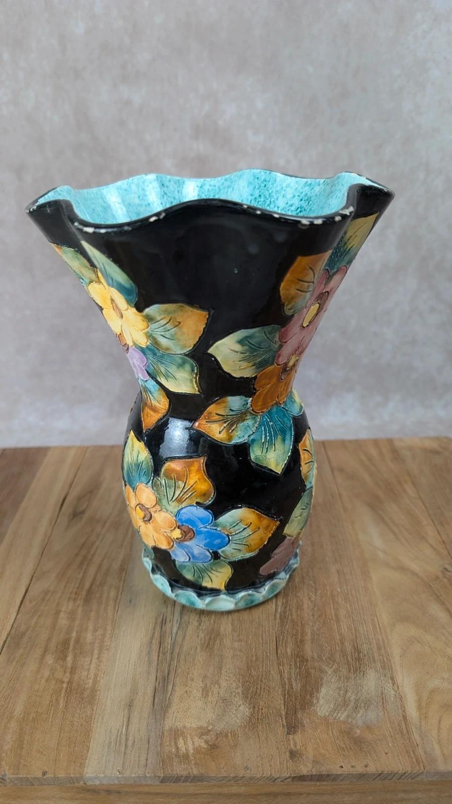 Vase Vallauris signé Gj – décor floral