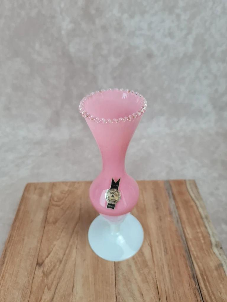 🌸 Vase vintage en opaline rose et blanche, fabrication italienne