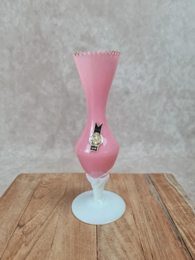 🌸 Vase vintage en opaline rose et blanche, fabrication italienne