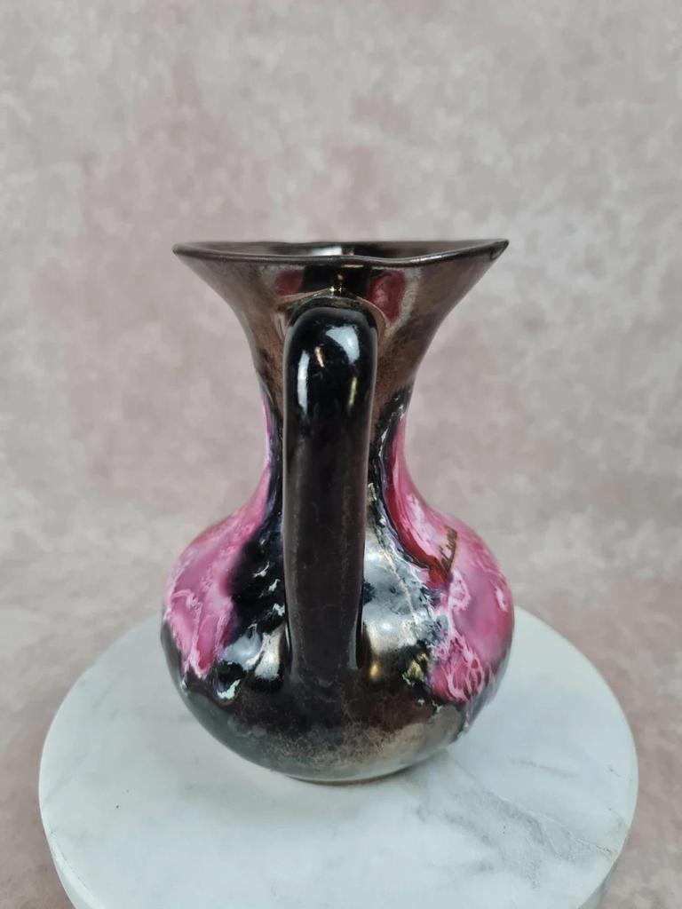 🏺 Vase vintage Vallauris à deux anses – glaçure rose et noire