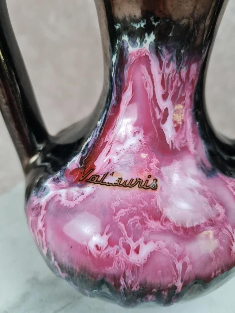 🏺 Vase vintage Vallauris à deux anses – glaçure rose et noire