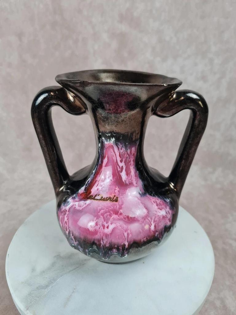 🏺 Vase vintage Vallauris à deux anses – glaçure rose et noire