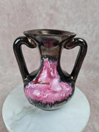 🏺 Vase vintage Vallauris à deux anses – glaçure rose et noire